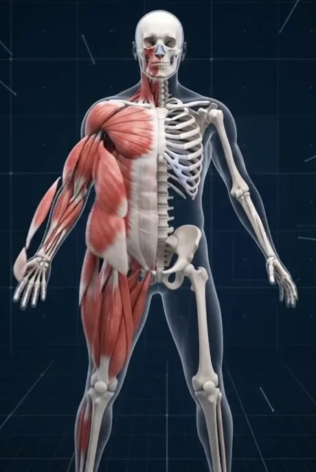 Bones and muscles — illustrative animation frame, not a real-organ photograph